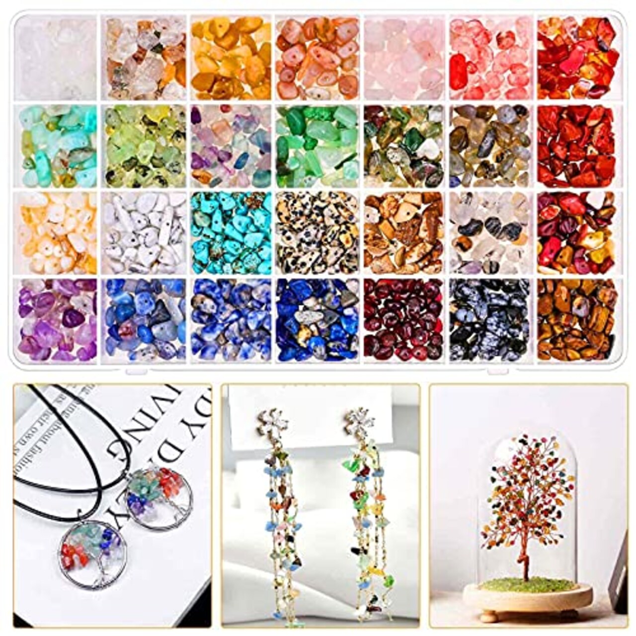Crystal Beads for Ring Making, 28 Colors Chips and Gemstone Beads, Ring Making Kit with Plastic Box for Jewelry, Bracelets, Earring Making Supplies